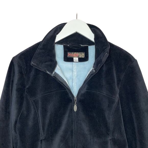Y2K Rare Mudd Jacket Black Super Soft Velvet inside baby blue Zip Up Size Medium - Picture 2 of 10